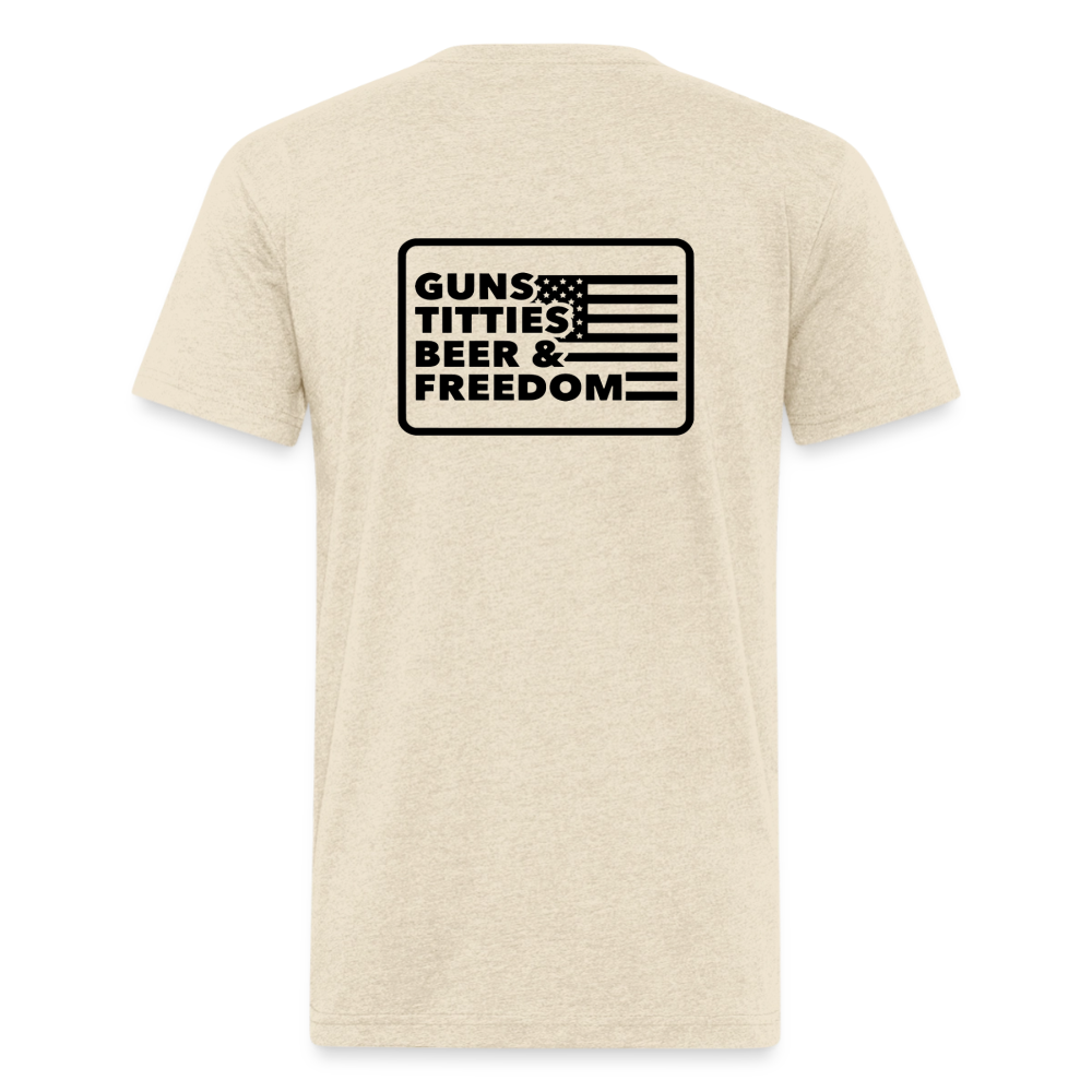 Fitted Cotton/Poly T-Shirt by Next Level guns beer - heather cream