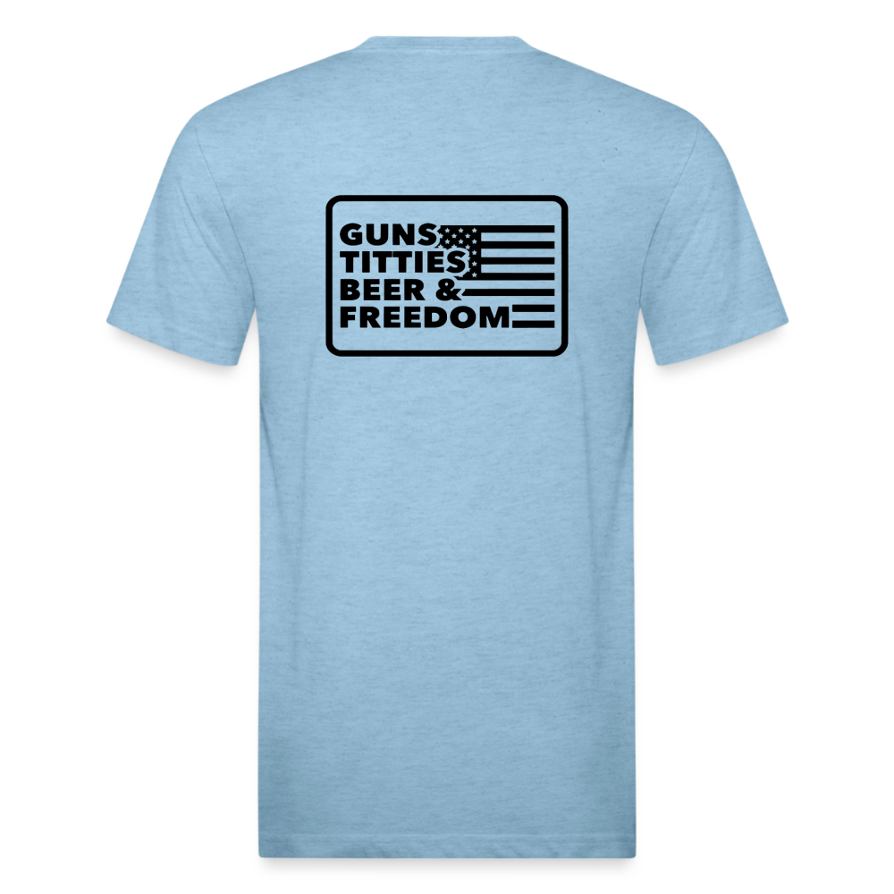 Fitted Cotton/Poly T-Shirt by Next Level guns beer - heather blue