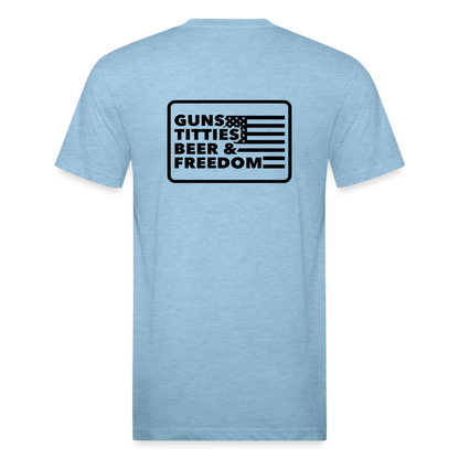 Fitted Cotton/Poly T-Shirt by Next Level guns beer - heather blue