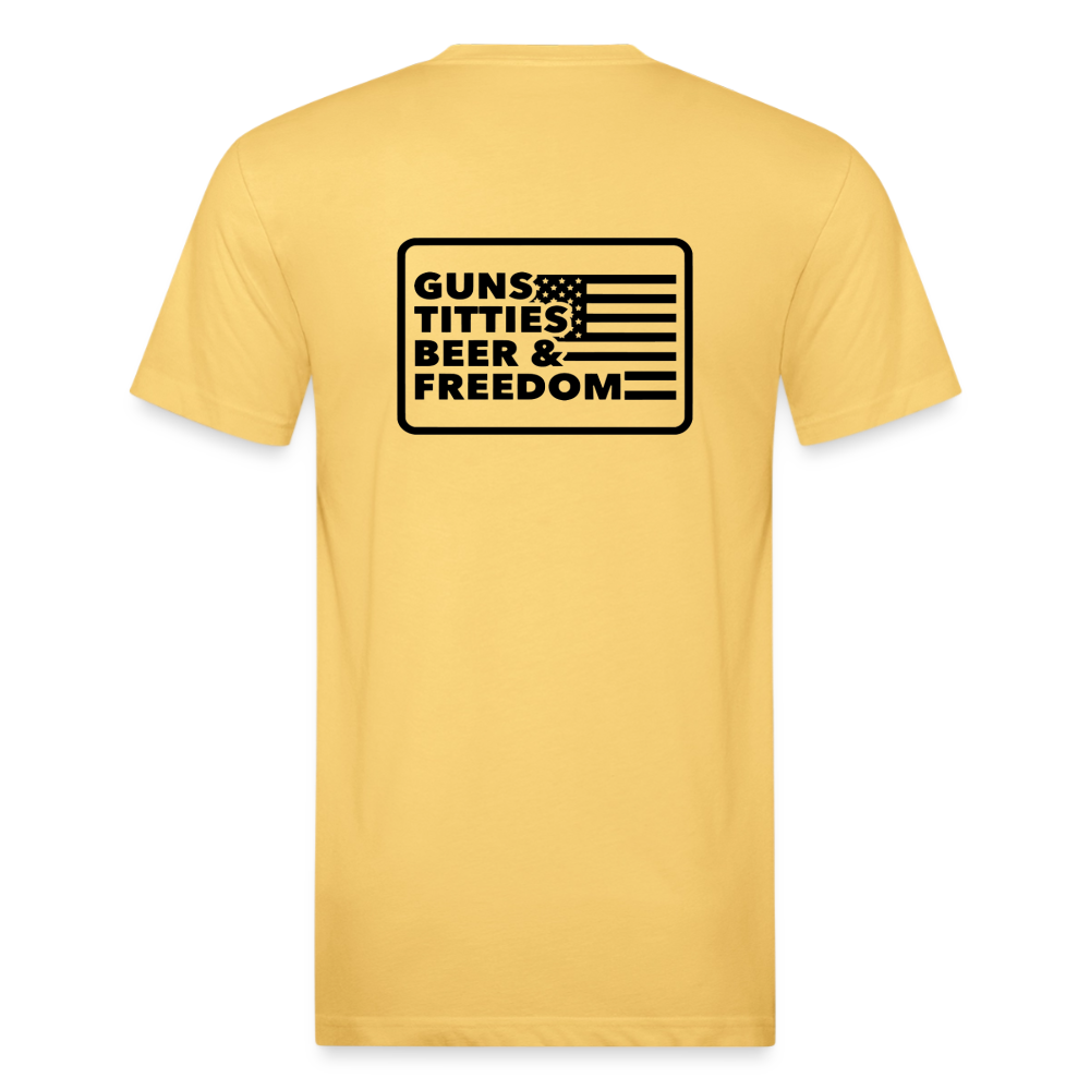 Fitted Cotton/Poly T-Shirt by Next Level guns beer - pastel yellow