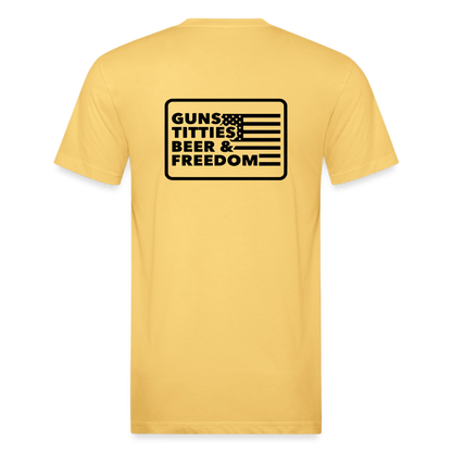 Fitted Cotton/Poly T-Shirt by Next Level guns beer - pastel yellow