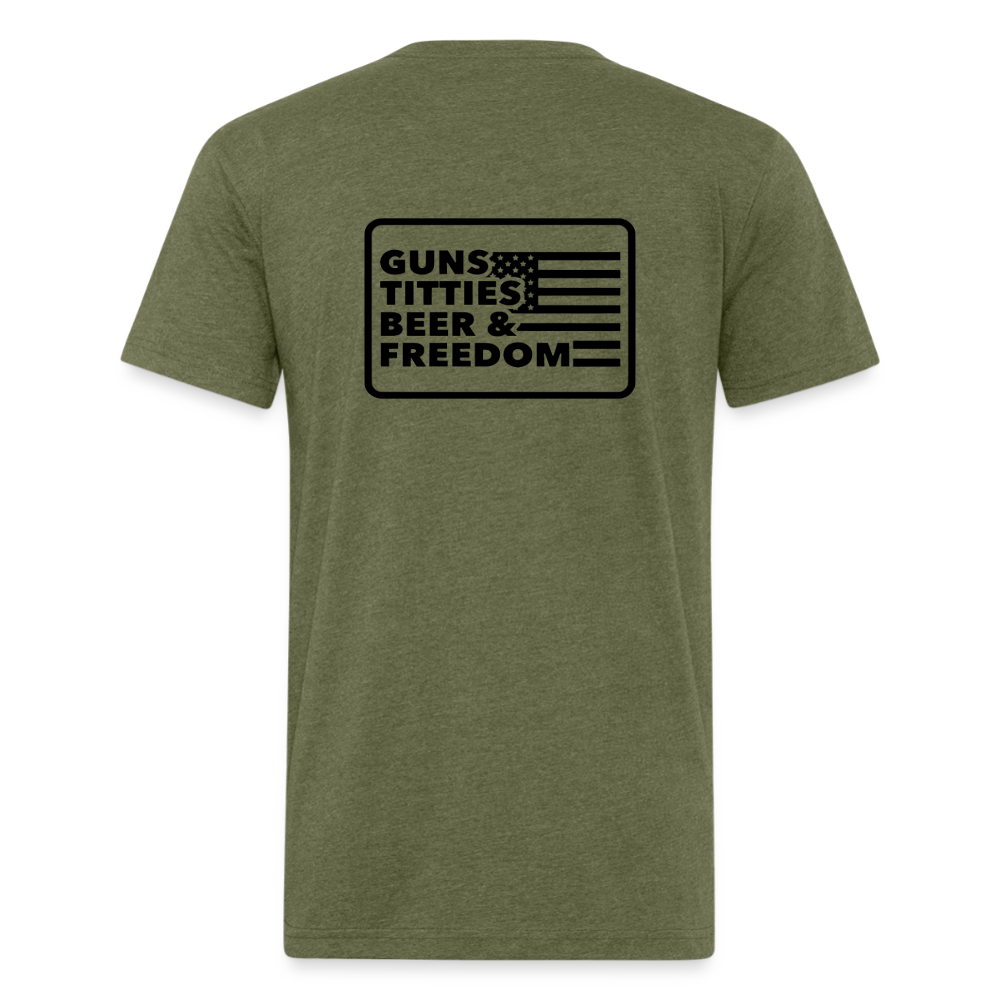 Fitted Cotton/Poly T-Shirt by Next Level guns beer - heather military green