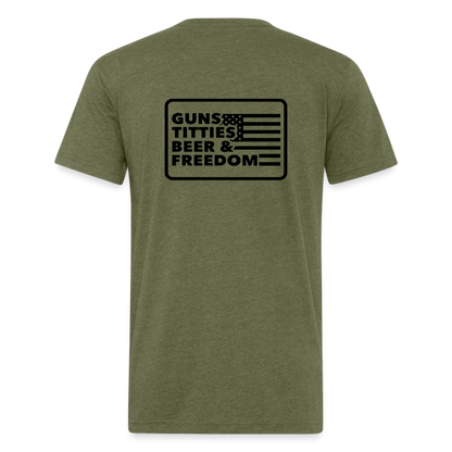 Fitted Cotton/Poly T-Shirt by Next Level guns beer - heather military green